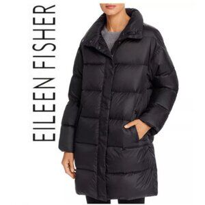 Eileen Fisher Black Long Down Puffer Coat Recycled Nylon Stand Collar Large